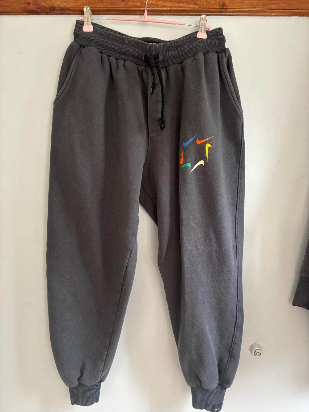 Nike Charcoal Jogger Sweatpants with Multicolor Swoosh Motif